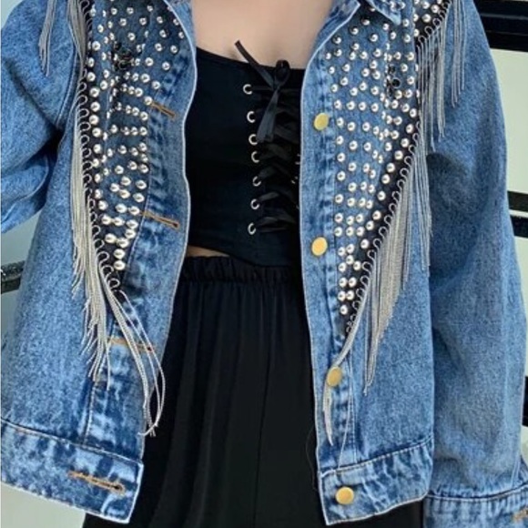 826. LAST 1! Denim Boho Rhinestone Studd  Country Fringe Jacket CLEARANCE - Picture 7 of 9